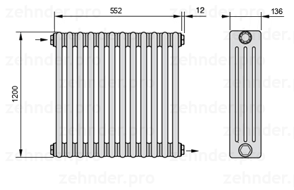 Схема (чертеж) Радиатор Zehnder Charleston 4120/12 №1670 Белый глянцевый RAL 9016
